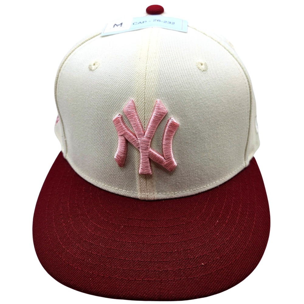 New York Yankees New Era 59FIFTY Fitted Hat Cream Maroon Pink 7 1/8 2000 WS tag